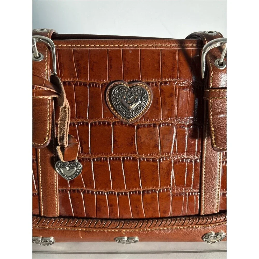 Vintage Y2K Brown Croc Embossed Shoulder Bag Western Heart Charms Top Handle